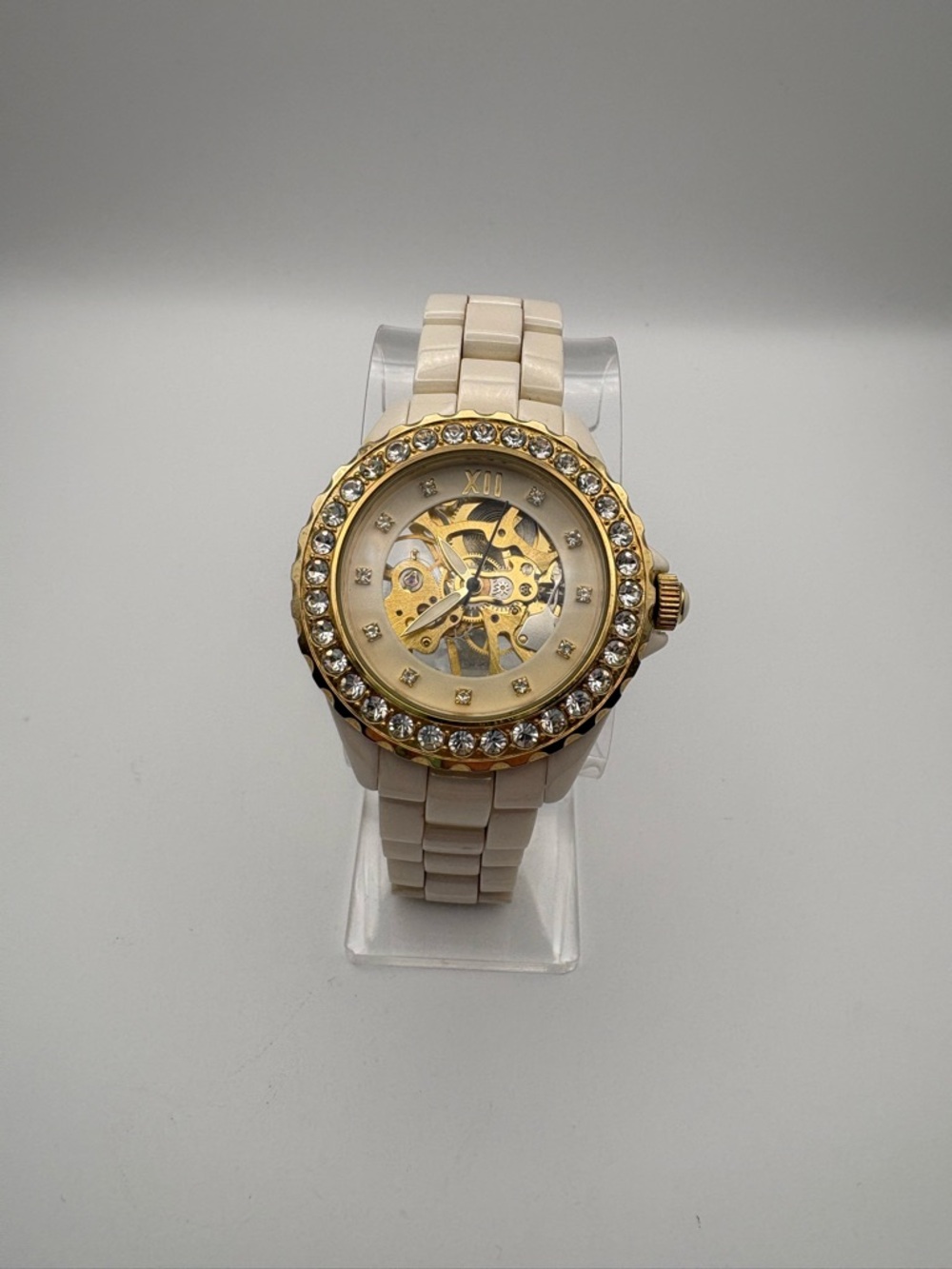Adrienne Gold‎ Skeleton Dial Watch with Ceramic Band New Battery Works!